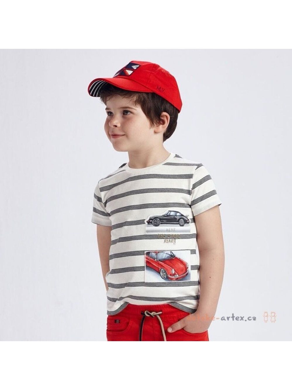 Size 8 Boys Mayoral Striped Tee with Car Print - Black and White